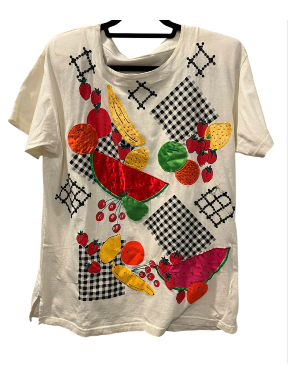 Vintage 90s Arriviste Fruit Patchwork Shirt Oversized Wearable Art Applique L